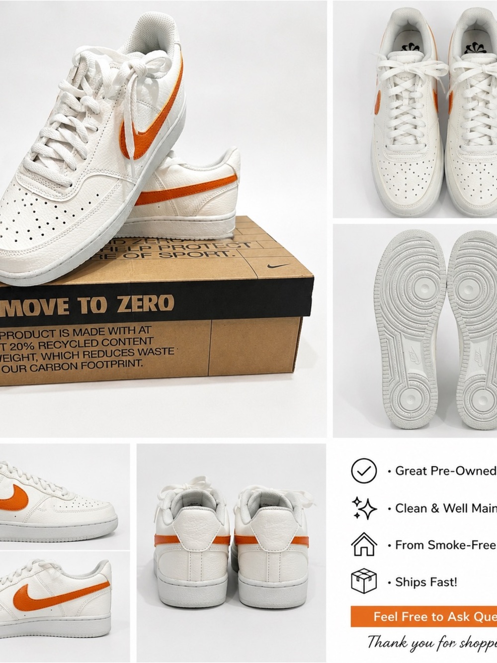 Nike Men’s White Low-Top Sneakers with Orange Swoosh Accent